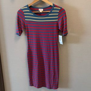 LuLaRoe Julia size XXS, red blue, yellow, striped dress NWT